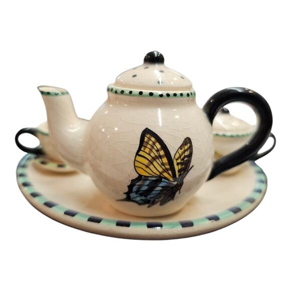 Butterfly Pattern Mini Tea Set Teapot Cream Sugar 2 Tea Cups with Saucers - Picture 2 of 10